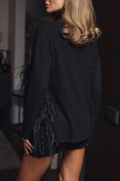 Feather Trim Mock Neck Knit Sweater and Mini Skirt Two Piece Set [erp-image:3324e81fa47deb1d28583116]