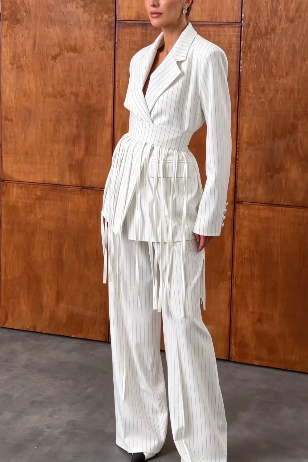 White Pinstripe Fringe Blazer and Wide Leg Pants Two Piece Set [erp-image:4b518af46dc32e3e237152c0]