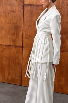 White Pinstripe Fringe Blazer and Wide Leg Pants Two Piece Set [erp-image:793792b287cac9a17dc5ccde]