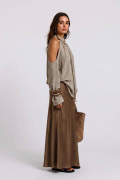 Texture Open-Shoulder Long-Sleeved Top High-Waist Bright Satin Skirt Set