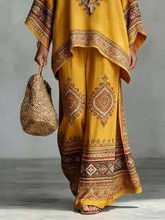 Exquisite Ethnic Print Batwing Sleeve Loose Two-Piece Set