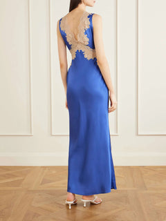 Sleeveless Royal Blue Satin Maxi Dress with Contrast Floral Lace Applique [erp-image:77f4a1312d53fcd689f337c6]