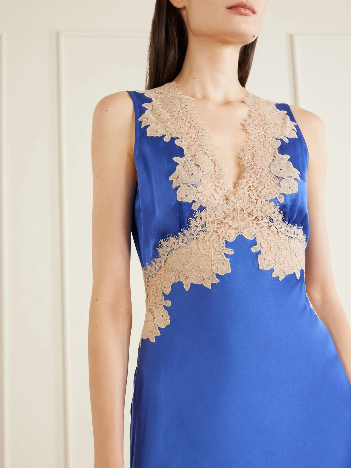 Sleeveless Royal Blue Satin Maxi Dress with Contrast Floral Lace Applique [erp-image:ea803269342f82ac0c90df15]